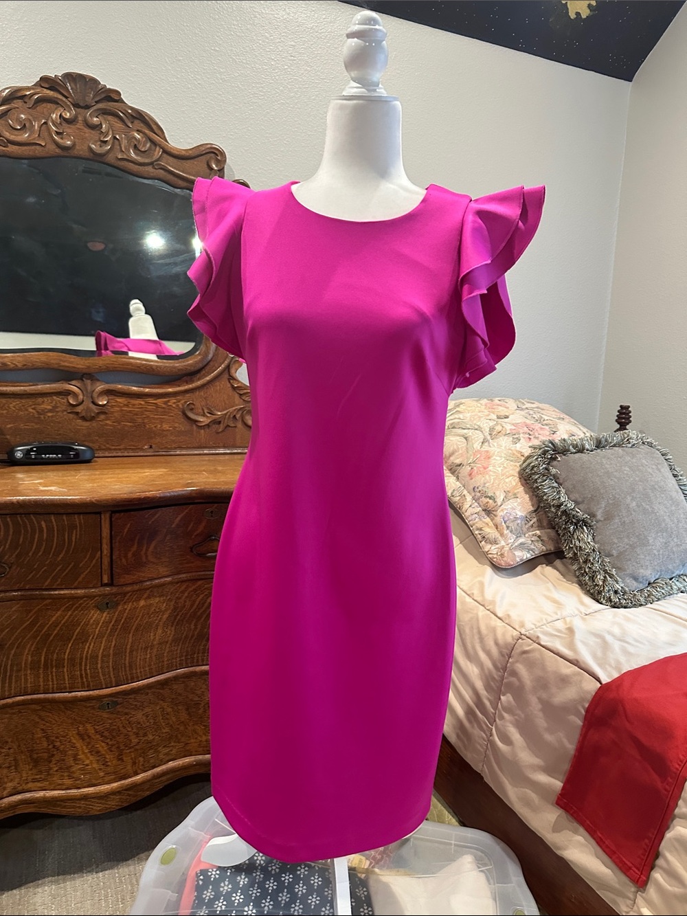 Andrew Marc Fuchsia Ruffle-Sleeve Midi Dress